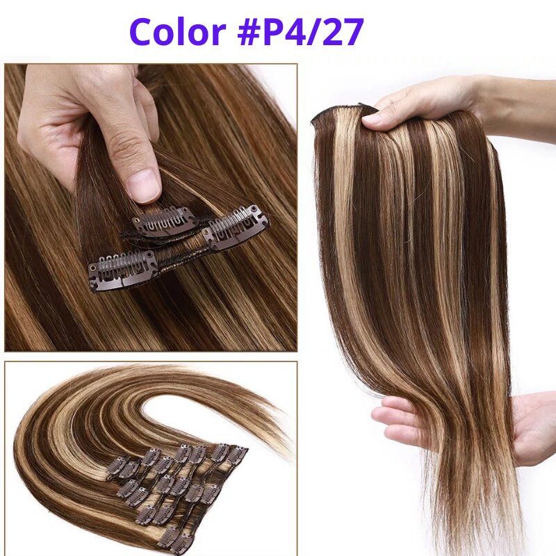 #4/27 Chocolate Brown Blonde Mix 20" Full Head Clip In Human Hair Extension - dulgehairextensions.com.au
