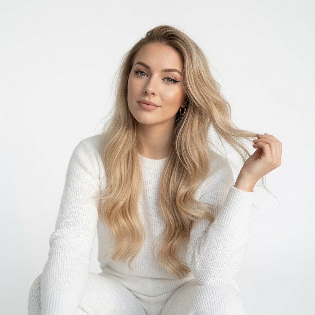 DULGE Genius Weft Hair Extensions worn by model