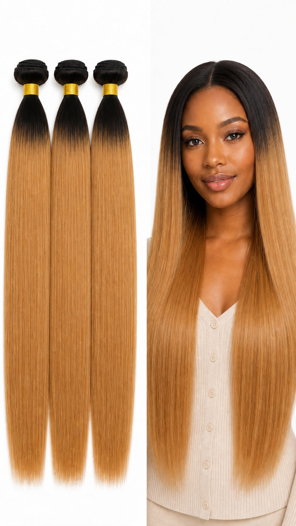 DULGE Body Wave Human Hair Weft Bundles - Color #1B/27 (Black to Honey Blonde Ombre)