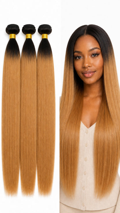DULGE Deep Wave Human Hair Weft Bundles - Color #1B/27 (Black to Honey Blonde Ombre)