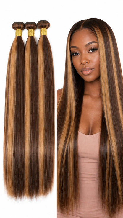 DULGE Water Wave Human Hair Weft Bundles - Color #4/27 (Brown to Honey Blonde Ombre)