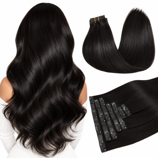 DULGE Clip-In Hair Extensions #1 Jet Black colour example