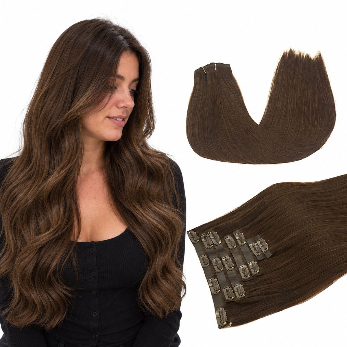 DULGE Clip-In Hair Extensions #4 Chocolate colour example